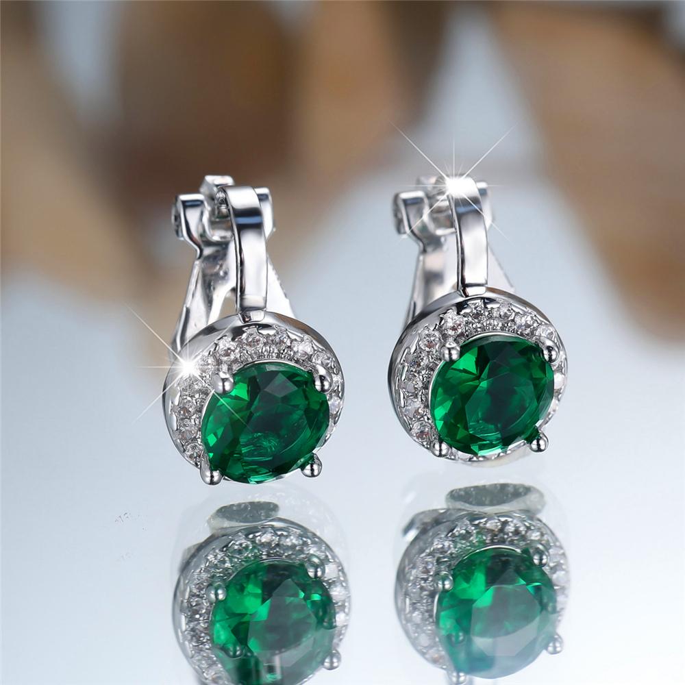 Cute Female Black Green Blue Zircon Stone Round Clip Earrings Charm Silver Color Wedding For Women