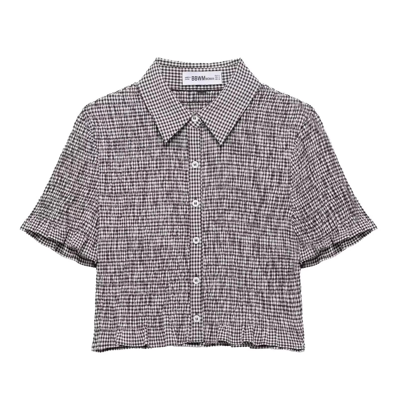 

Женская клетчатая рубашка с коротким рукавом и отложным воротником - Мода в европейском и американском стиле, Весна 2025 Extra Small