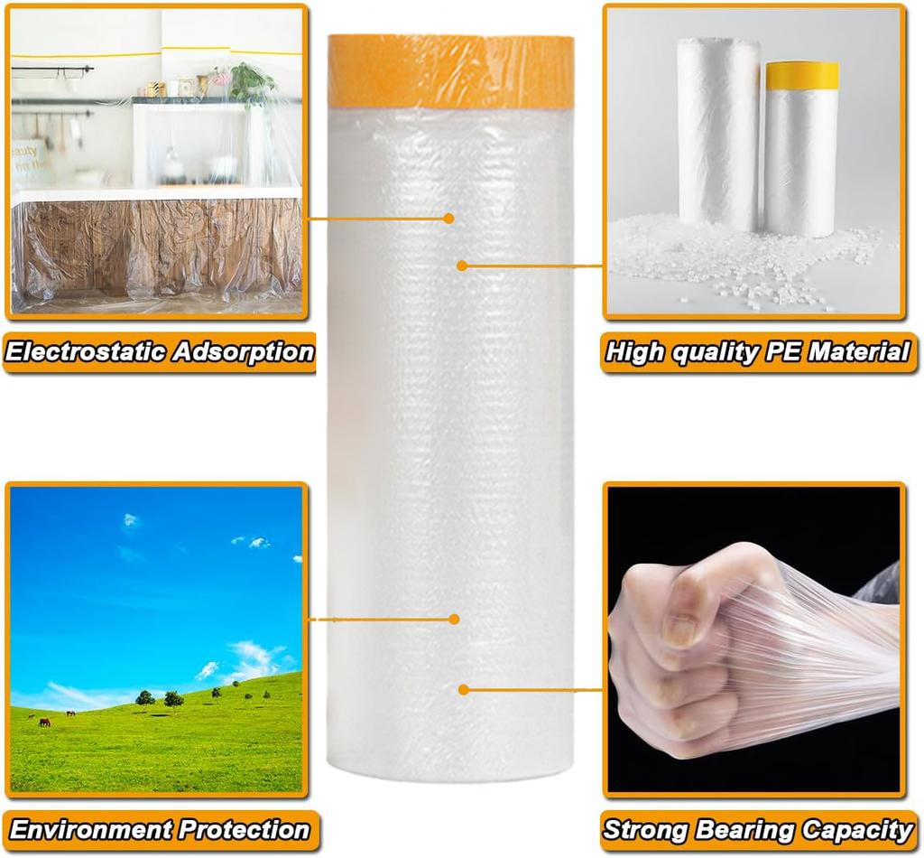 Tape and Drape, Pre-Taped Masking Film, Paint Adhesive Protective Film Roll for Covering Skirting, Frames, Cars and Auto Body