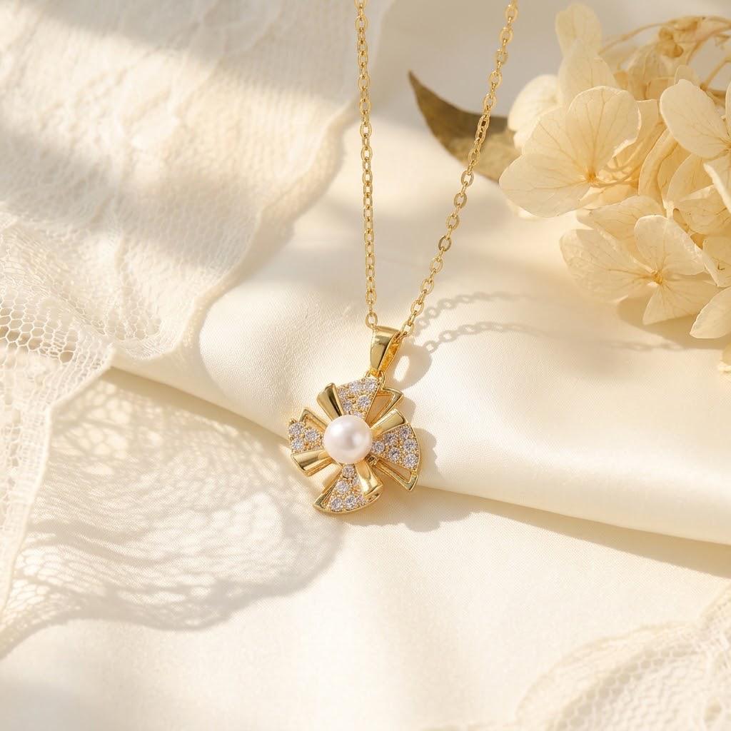 Korean Titanium Steel Necklace with Rotatable Windmill Pendant & Zirconia Pearl Clavicle Chain for Women