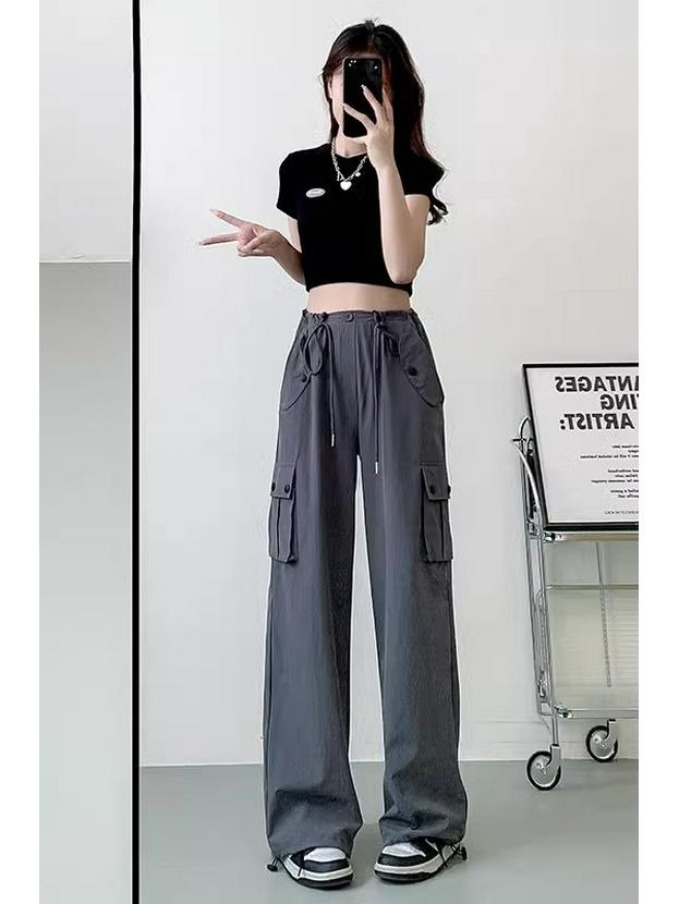 Women's Gray High Waist Cargo Pants - 2025 Spring/Summer, Lightweight, Wide-Leg, Casual American Style