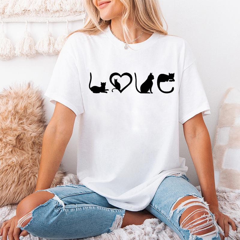 Damen-T-Shirt mit schwarzem Katzenmotiv und Mama-Motiv – modisches Kurzarm-T-Shirt mit Rundhalsausschnitt für Katzenliebhaberinnen zu Weihnachten