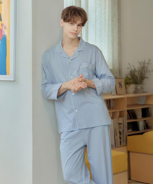[May Flower] Soft Light Blue Long Sleeve Pure Cotton Men's Plus Size Pajamas Set [Shipped from Korea] 100% Authentic