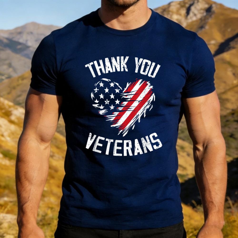 Thank You Veterans Patriotic Shirt American Flag Heart Printed Tshirt Memorial Day 2026 TShirt Men Women Crewneck Cotton Tee
