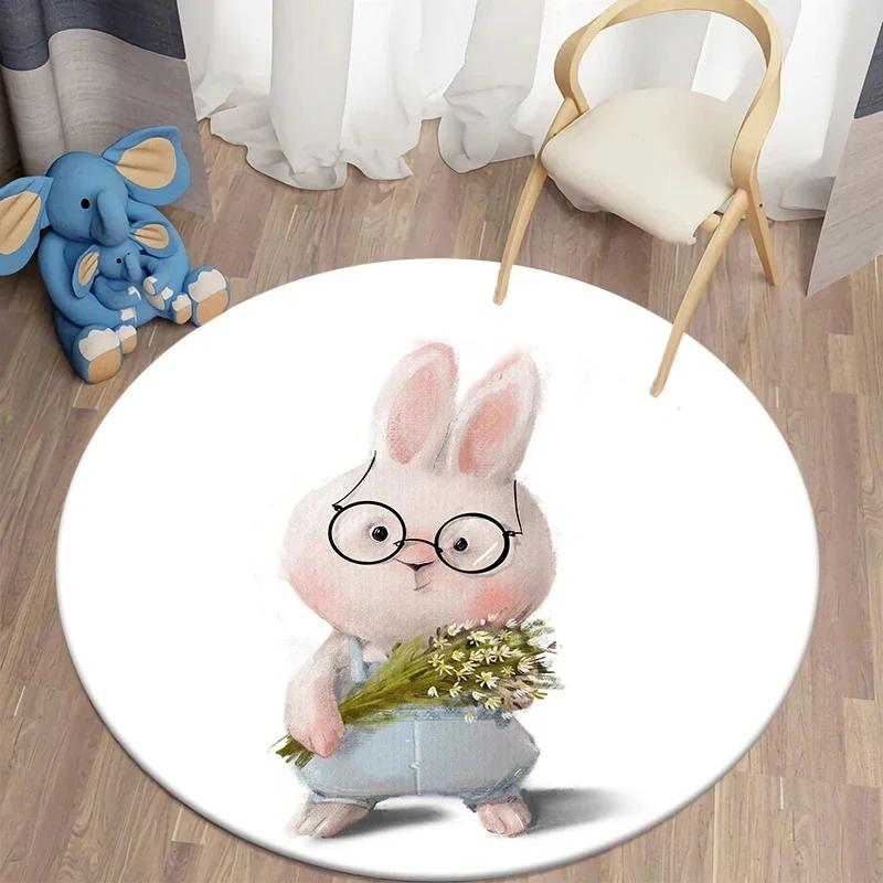 Cartoon Bunny Print Round Carpet Rabbit Area Rugs Circle Carpets for Living Room Floor Mat Polyester Anti-Slip Mats for Children