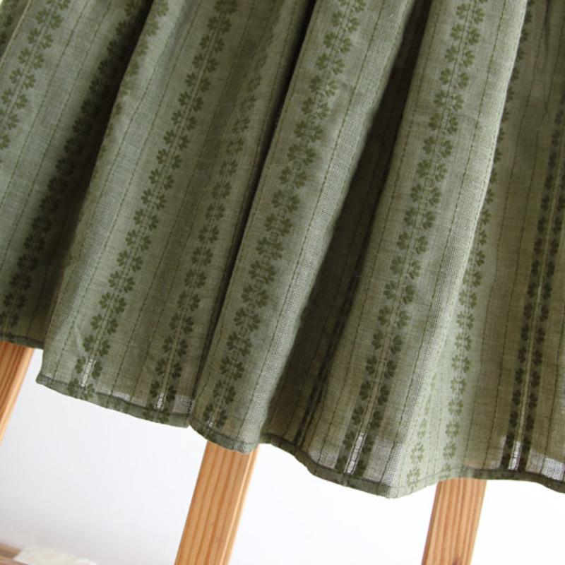 Mori Girl Spring Summer Women Cotton Linen Skirt High Waist Green Floral Printed Vintage Skirt All-Match Elegant Comfortable Skirt