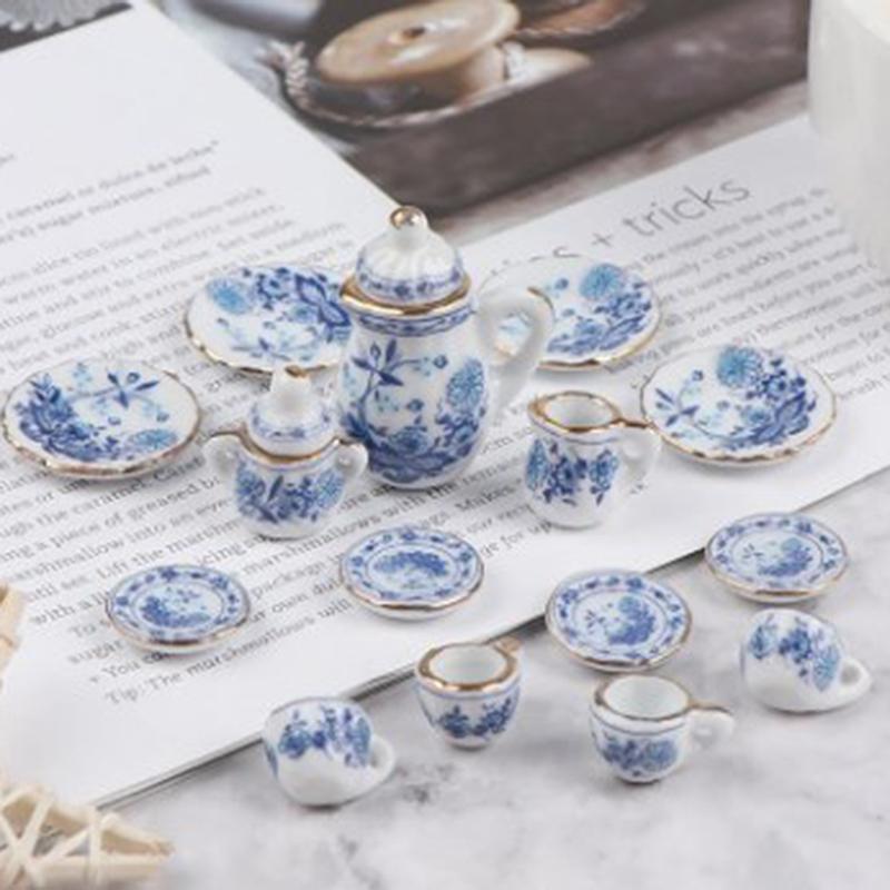 15Pcs Miniature Food And Play Doll House Diy Accessories 1:12 Dollhouse Miniature Tableware Porcelain Ceramic Tea Cup Set