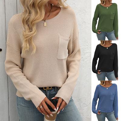 Solid Color Simplicity Loose Sweater Pockets Casual Fashion Autumn Winter Pullover Round Neck Long Sleeved Sweaters Women