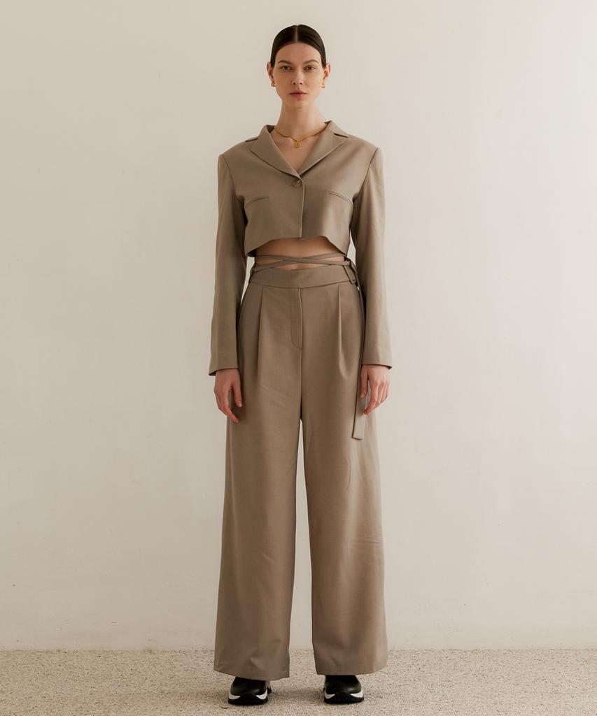 MODERNABLE Belt-Point Wool Wide Pants - Beige