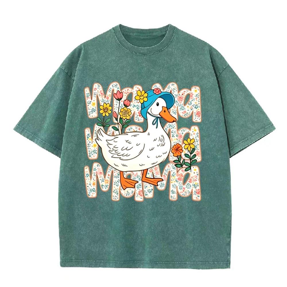 2026 Vintage Washed Black Tshirt Cute Mama Duck Floral Graphic Tee Retro Mothers Day Casual Oversized Streetwear For Women