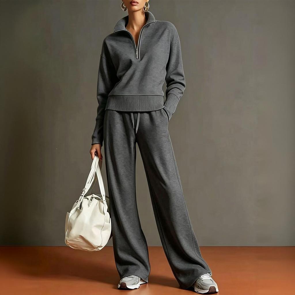 Conjunto de Dos Piezas de Punto para Mujer Suéter con Media Cremallera Manga Larga Cuello Plegable Pantalones de Pierna Ancha Conjunto para Estar en Casa