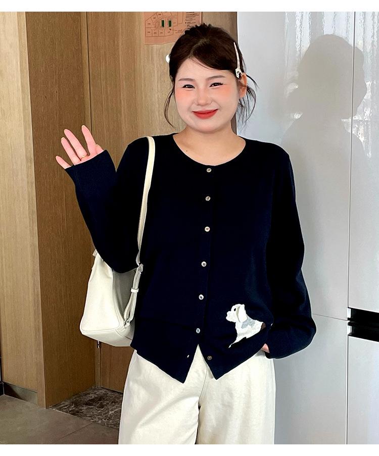 Plus Size Women's Round Neck Jacquard Cardigan - 2026 Spring Style Puppy Design