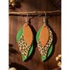 1 Pair Western Bohemian Style Leopard Print & Green-Brown Colorblock 3-Layer S-Shaped Leaf PU Leather Dangle Earrings