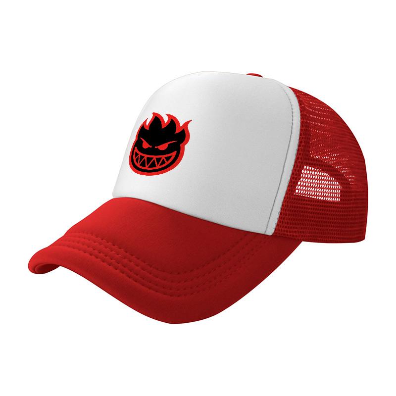 Flame Demon Logo Mesh Baseball Cap Breathable Trucker Hat White Black Design Sporty Style Outdoor Wear Adjustable Fit