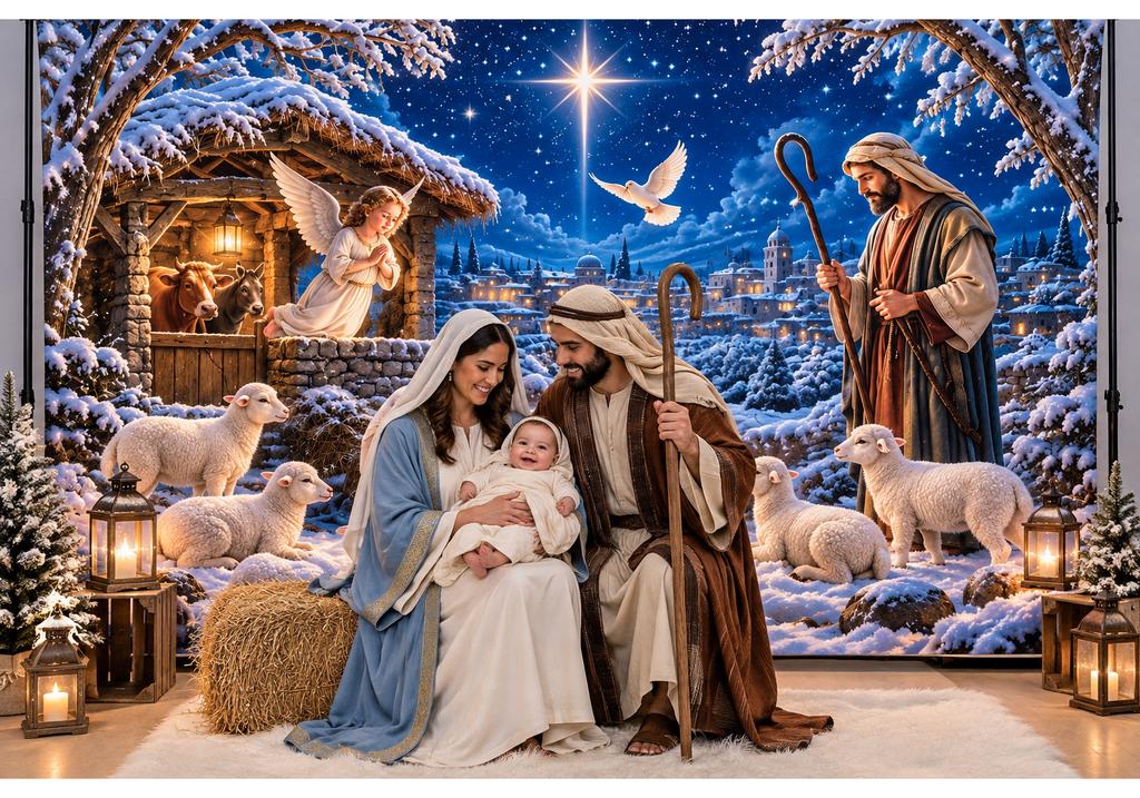Geburt Jesu Hintergrund Frohe Weihnachten Kulisse Heilige Familie Baby Jesus Krippe Winter Szene Fotografie Party Dekoration