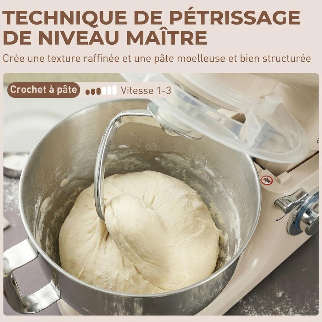 Stand Mixer, 1300 W, 4.5 L, Dough Hook, Stainless Steel Bowl, 6 Speeds and Pulse, Beige