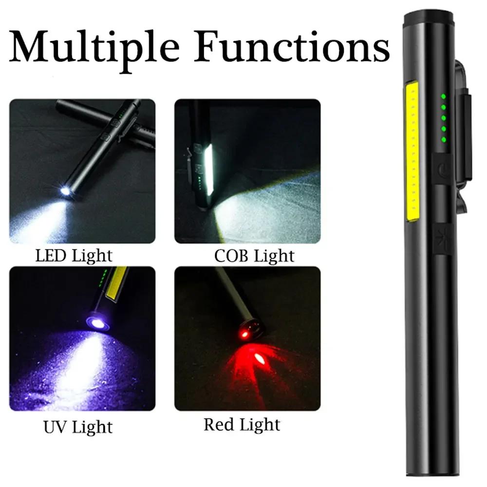USB Rechargeable UV Flashlight 4 In 1(UV/LED/COB)Multifunctional Mini LED 4 Light Sources Pen Clip Flashlight with Indicator
