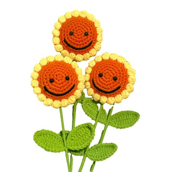 10Pcs Crochet Sunflower with Leaves Handmade Knitting Yarn Flower Decoration Home Office Table Centerpiece Mother's Day Birthday Christmas Gift