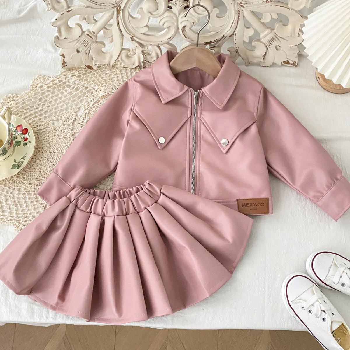 

Girls Autumn PU Leather Biker Outfit: Korean Fashion Jacket & Pleated Skirt Set 100 cm розовый