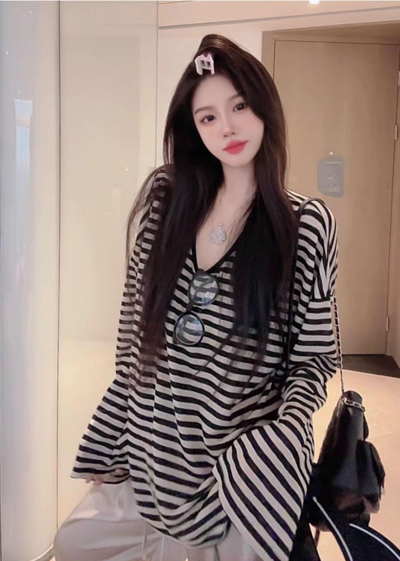 American retro contrasting striped sunscreen blouse t-shirt women s summer loose casual lazy loose thin top S