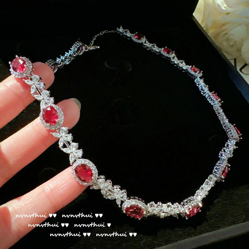 Myanmar Mogok Pigeon Blood Ruby Wheat Spike Necklace, Neon-Plated 18K Gold Christmas Red Zircon Bracelet Set