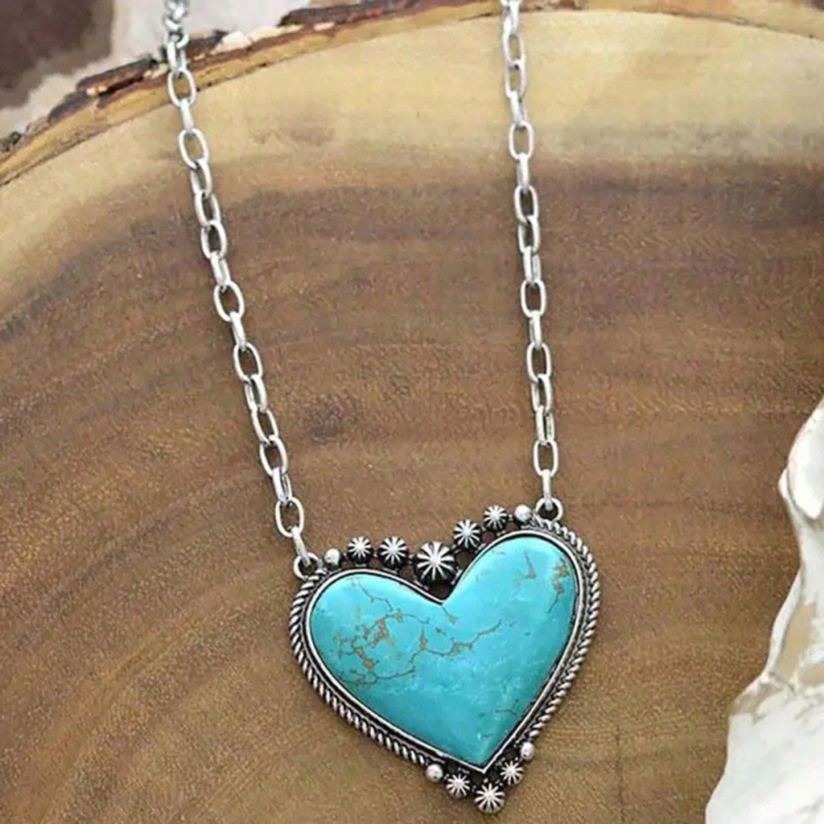 

Western Style Vintage Turquoise Necklace With Heart Shaped Pendant, Bohemian Style For Women s Daily Wear 03#