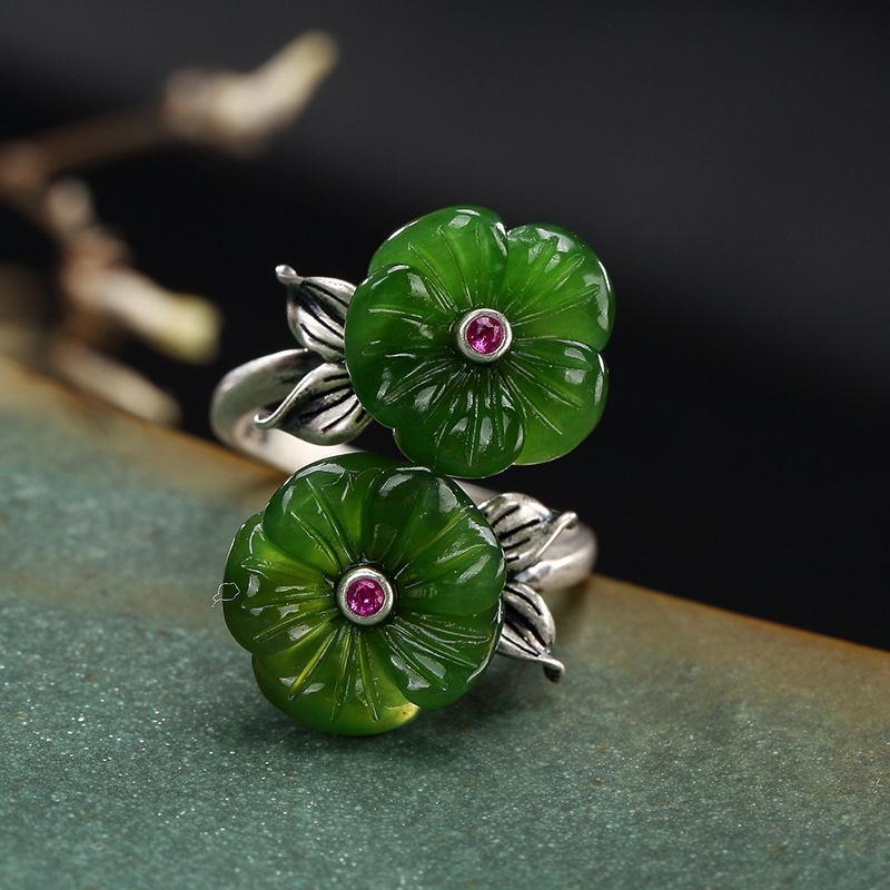 

New Original Inlaid Natural Hetian Jade Double-Headed Plum Blossom Retro Chinese Style Open Adjustable Women S Ring resizable