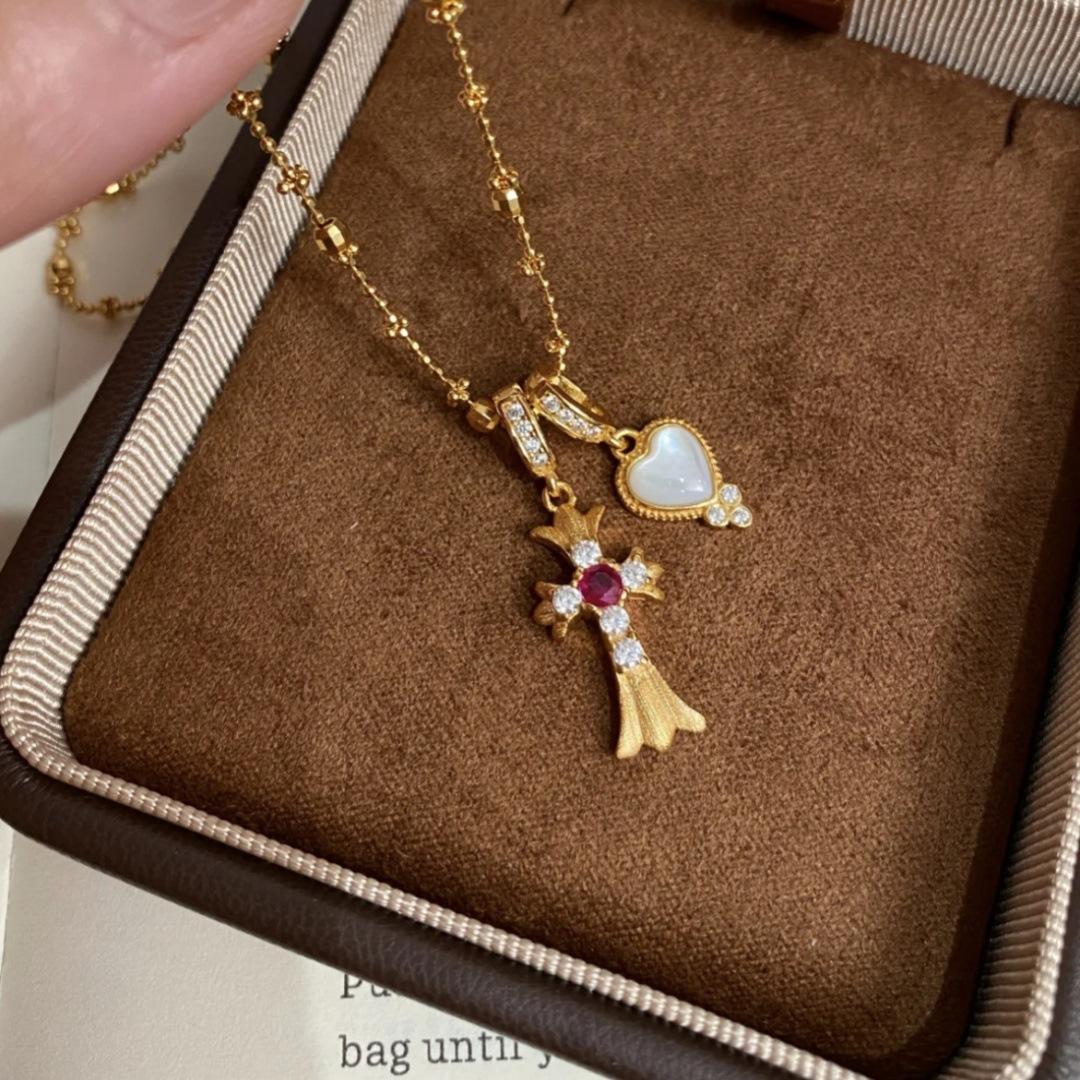 Italian vintage brushed finish vintage gold Cross Pendant Necklace with a High-End Feel, Mother-of-Pearl Heart Clavicle Chain Cross Necklace(A511)