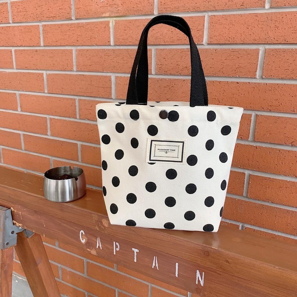 Trendy Polka Dot Canvas Tote Bag Large Capacity Soft Lock Closure