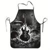 A Music-Themed Apron Featuring Guitar And Drum Patterns - Black And White Print, Made from Durable Fabric, Suitable for Cooking, Baking, And Painting