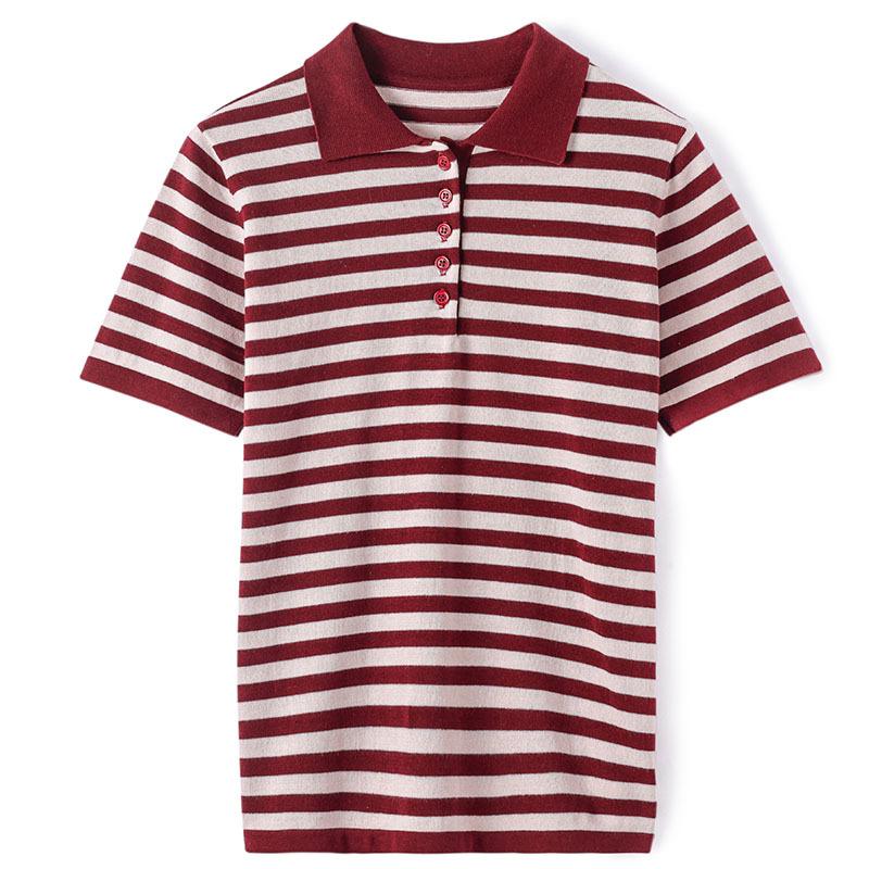 

Polo Top Striped Combed Cotton Short-sleeved Summer Latest Comfortable Fit and Versatile Slim Contrasting Knitted T-shirt Top M