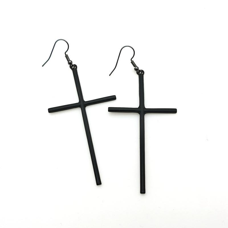 Vintage Goth Gothic Black Silver Colour Big Cross Dangle Drop Earrings Goth Egirl Accessories Jewelry
