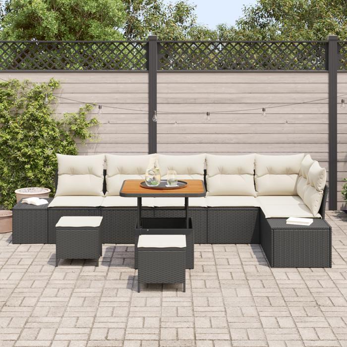 Set de canapé de jardin vidaXL 9 pièces avec coussins noirs en poly rotin, Canapé de jardin 2 places vidaXL avec coussins 3362800