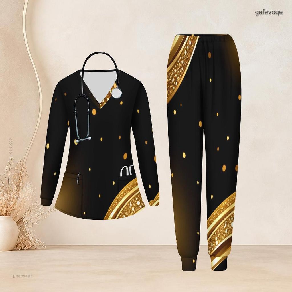 Women Plus Size Printed Nurse Scrub Set V Neck Long Sleeve Top With Pockets Long Pants
