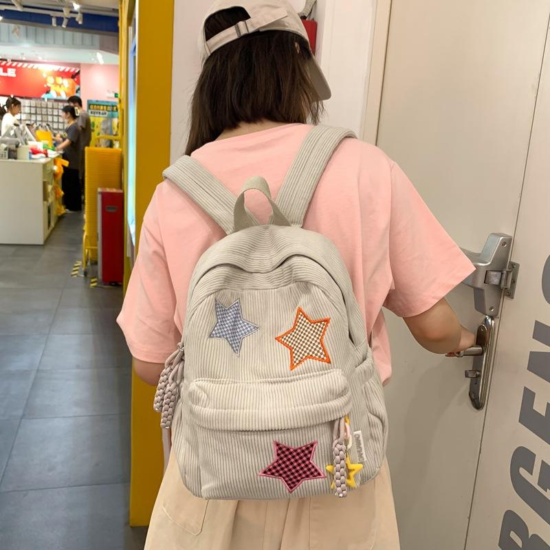 School bag Star Corduroy Shopping Small Backpack for Women, 1011 New High School Student Solid Color Double Shoulder Ins Versatile School Bag