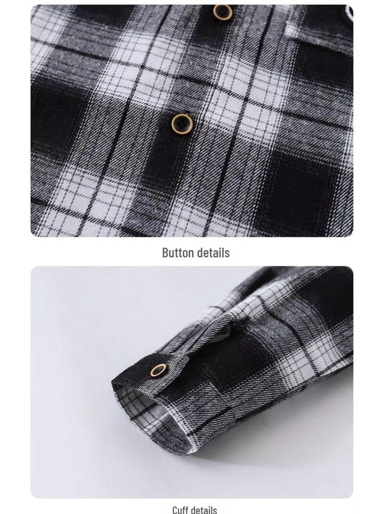 Boys' Plaid Long Sleeve Shirt Jacket, Spring & Autumn 2025, Korean Style, Trendy & Loose Fit for Big Kids.