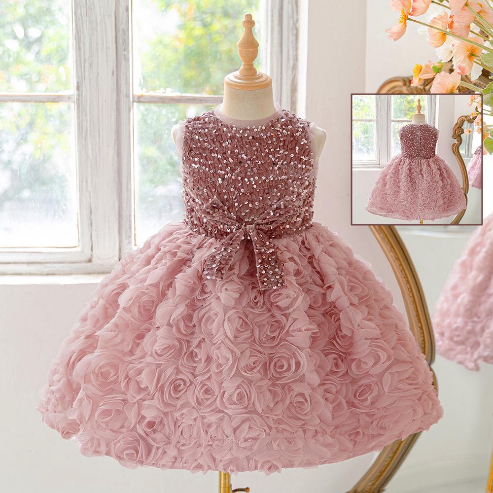 Girls' Sequin Rose Patchwork Party Princess Dress