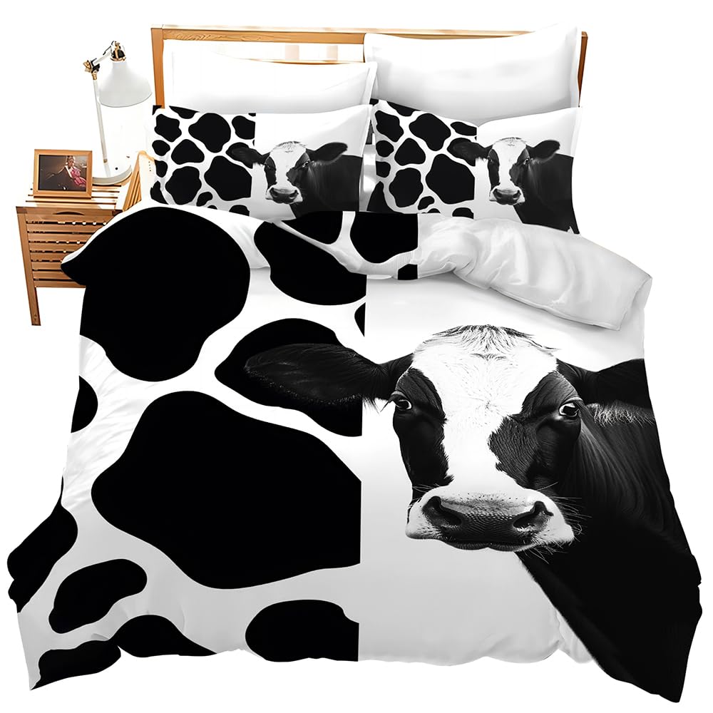 Abstract Cow Print Soft Duvet Cover Quen Sized Dimensions for Young Boys Young Girls Bedrom, Pink Cow Silhouete Beding Set,Animal Themed Warm