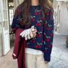 Women's Cherry Embroidery Sweater Crew Neck Long Sleeve Knitted Sweaters Winter Loose Casual Trendy Pullover Tops