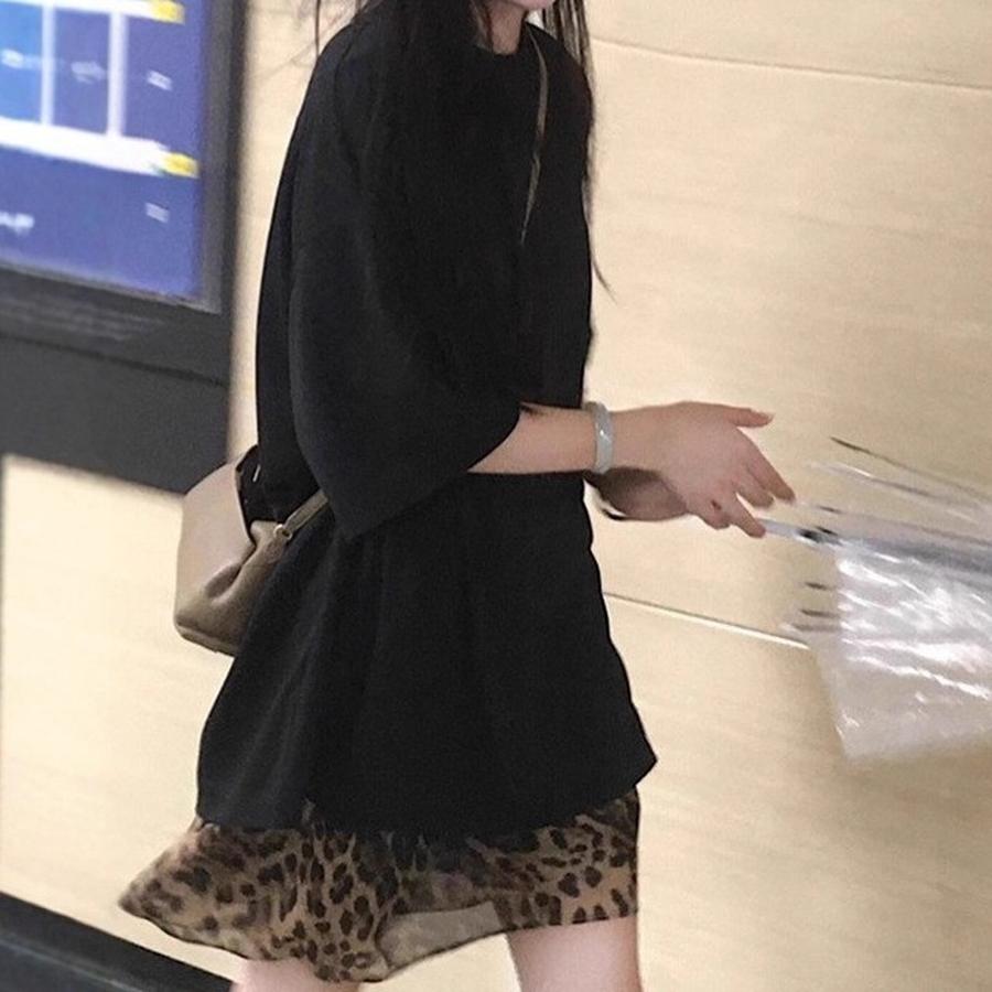 Oversized Long Sleeve Vintage French Short Sleeve T-Shirt Leopard Half Body Mini Skirt Women Summer New Fashion Set Trendy S чёрный