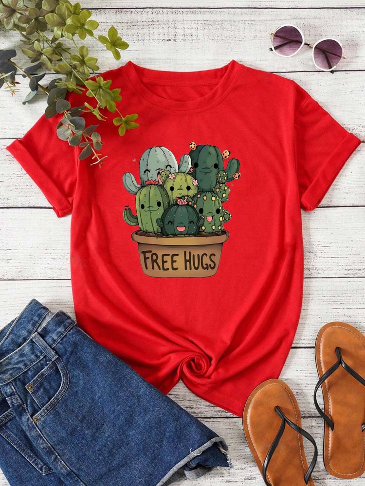 Cartoon Cactus Print T Shirt for Women Clothing Casual Short Sleeves T-shirt Fashion Streetwear Crew Neck Female Shirts