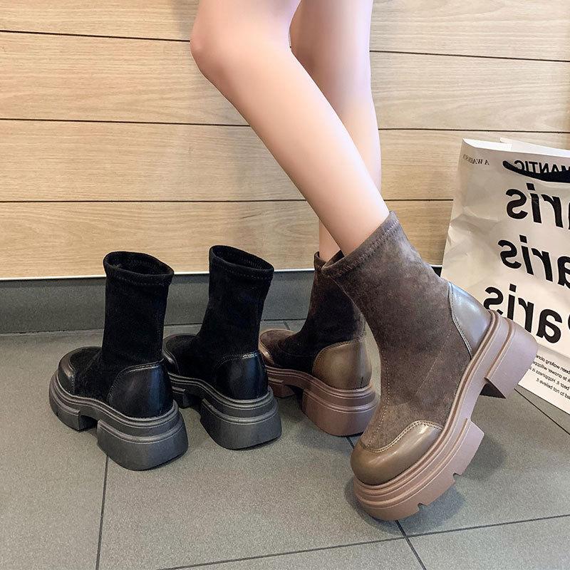 Platform Short Boots Women's New Autumn and Winter Elastic Thin Boots Retro British Martin Boots Chelsea Single Shoes