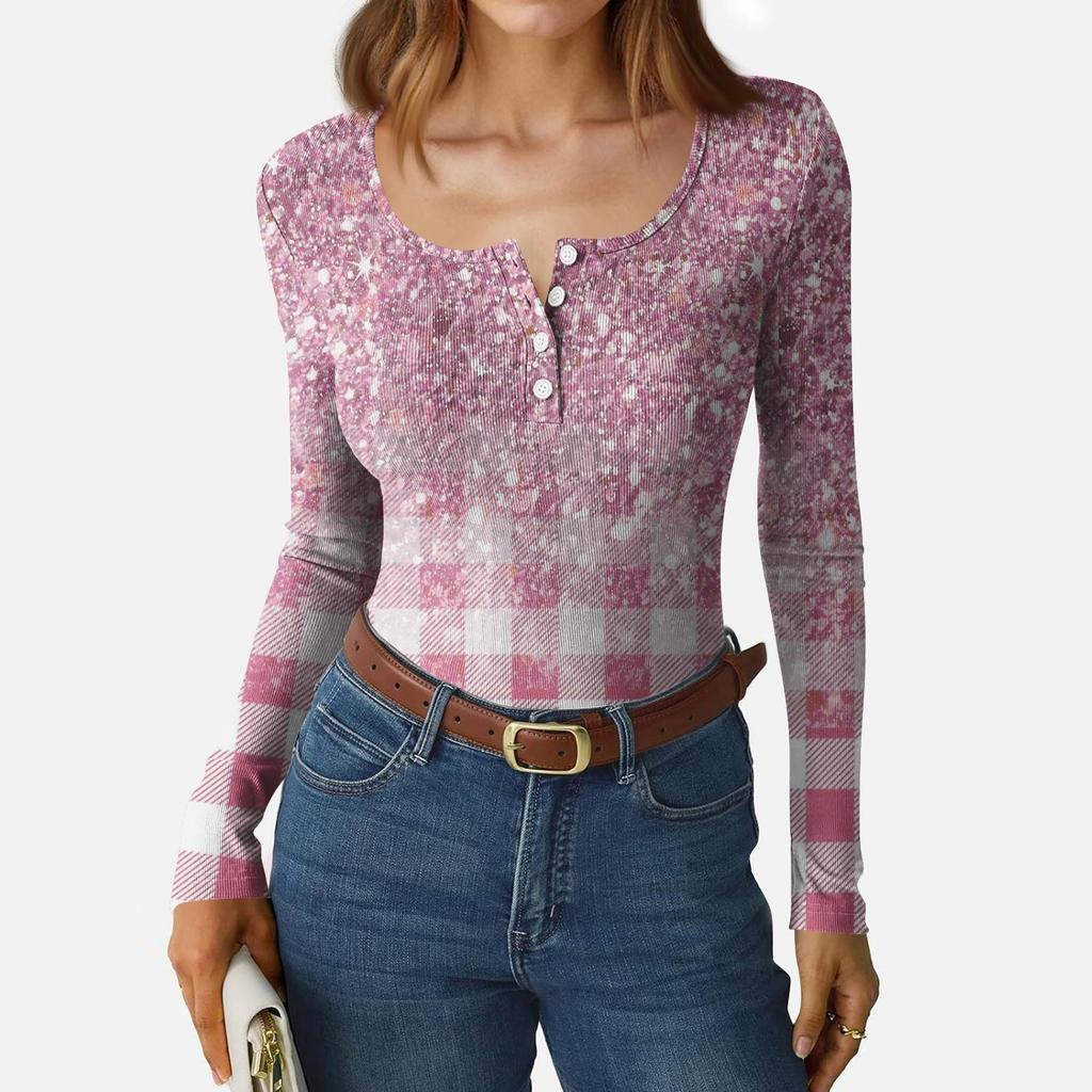 Women's Slim Bottom T-shirt Fashion Casual Gradient Printing Round Neck Pullover Long Sleeve Top