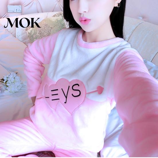 Home Wear Set 2Pcs/Set O-Neck Long Sleeves Pockets Elastic Waistband Loose Fit Flannel Pajamas Lounge Sleepwear Women Winter Heart Print Patchwork