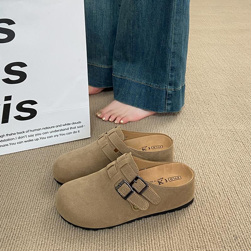 Fashion CRLAYDK Designer Women's Suede Footed Mules Buckle Adjustable Slip On Casual Soft Inner Increase Shoes Backless Walking Slippers