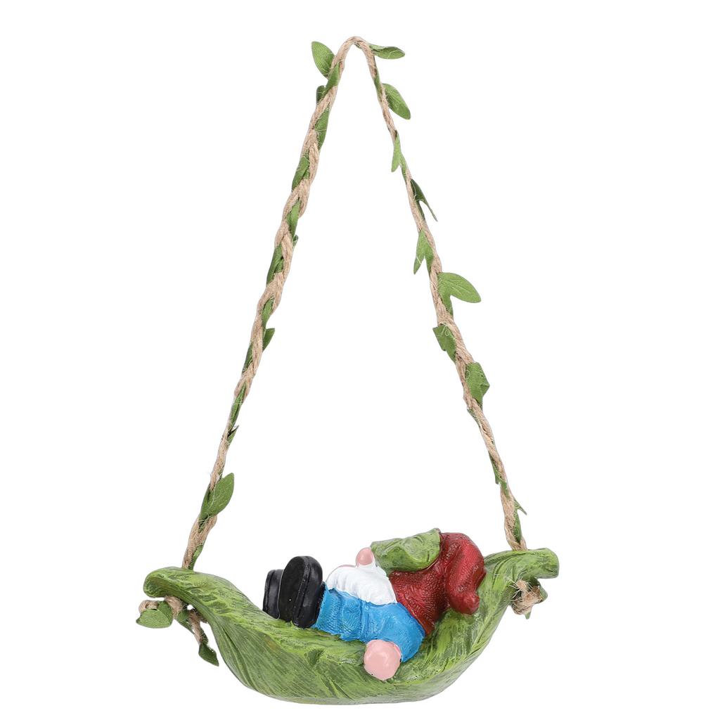 Garden Gnome On Leaf Hammock Statue Cute Resin Swinging Outdoor Yard Decor Fairy Garden Ornament