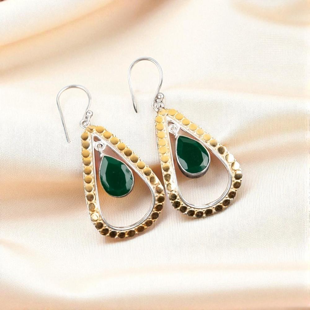 Green Onyx Gemstone 925 Sterling Silver Jewelry Handmade Wedding Earrings 2.27" EE-82-14
