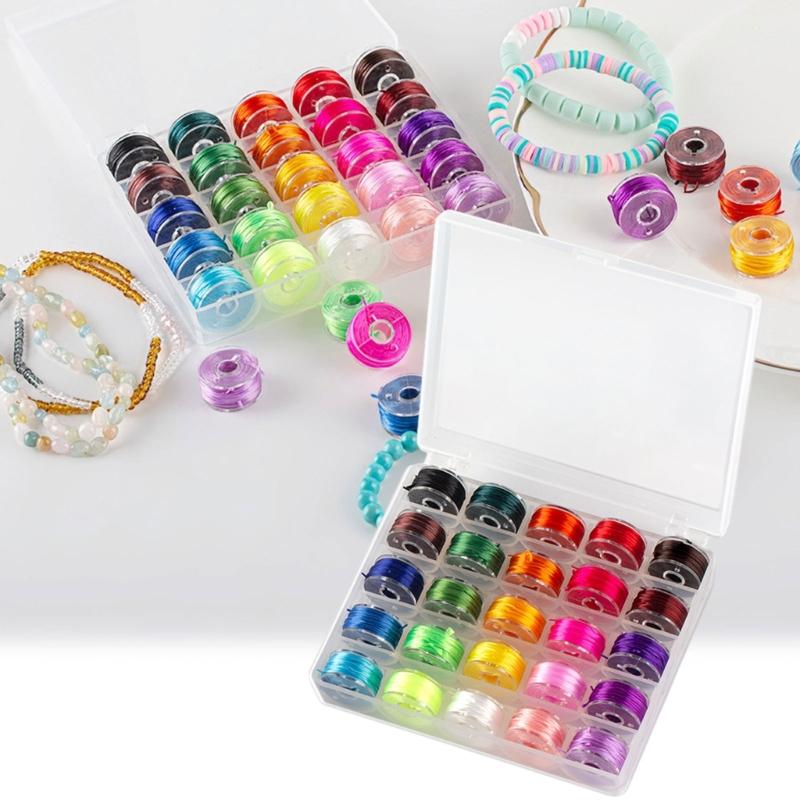 Pack of 25 Assorted Colors Elastic Thread Handy Sewing Machine Bobbins with Storage Box for Jewelry Making and Crafts