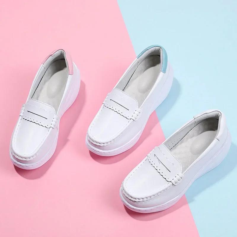 2025 White Genuine Leather Platform Loafers Women Nurse Shoes Round Toe Slip-on Thick Flats Breathable Soft Cowhide Chunky Mujer