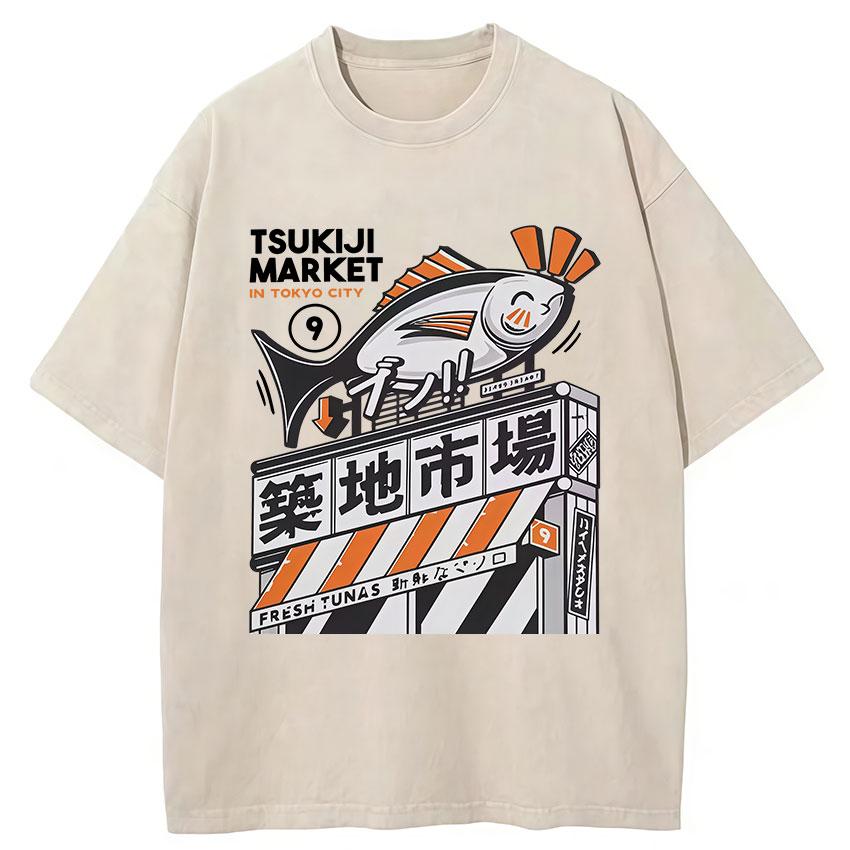 Funny Fish Japanese Tsukiji Market Vintage Washed T Shirts Unisex Women Summer Fashion Cotton Short Sleeve Tshirt Streetwear